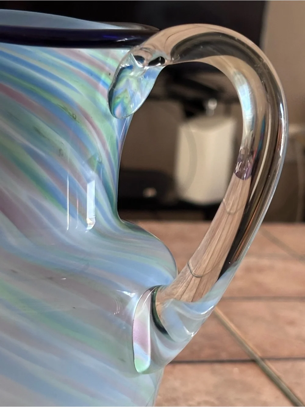Hand-Blown Art Glass Pitcher Vase | Blue White Green Swirl Stripes 10 3/4 Inches